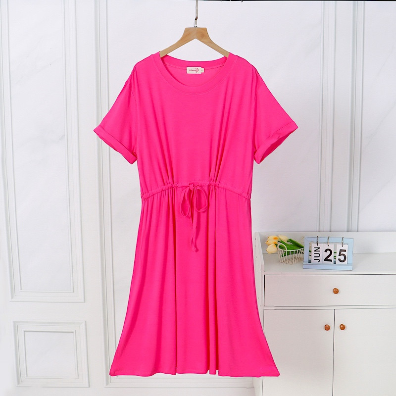 Rayon Pregnancy Dress O Neck Short Sleeve Knot Waist Solid Dress Bright Pink D025